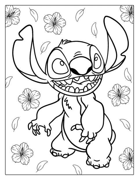 Stitch posa accanto a dei fiori.
