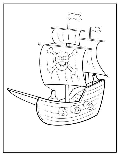 Una nave pirata solca il mare con le vele spiegate.