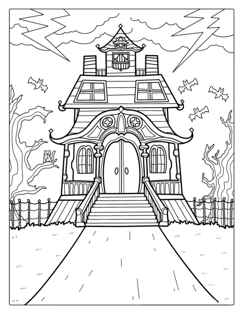 屋根や窓などが細かく描かれたお化け屋敷です。