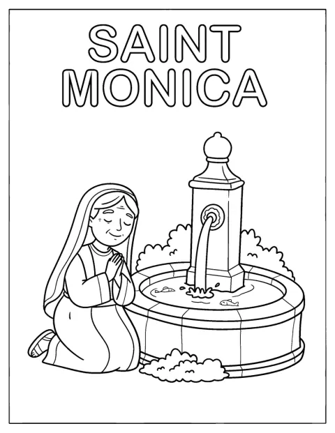 Près d’une fontaine, sainte Monique est en prière.