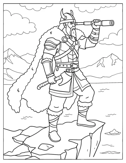 Pe o stâncă înaltă, un războinic viking privește în depărtare printr-o lunetă.