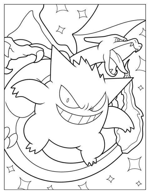 Gengar kæmper side om side med Charizard.