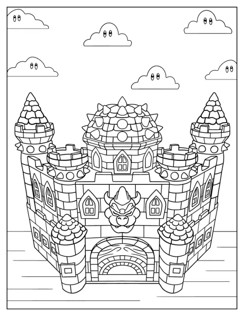 Bowserův hrad se tyčí nad okolní krajinou.