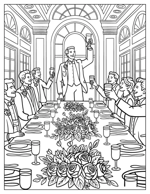 Mirele ridică paharul și ține un toast la masa elegantă a nunții.