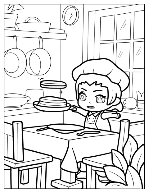 Un cocinero chibi da la vuelta a unas tortitas en una cocina acogedora.