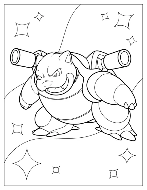 Mega Blastoise zâmbește, stând drept cu tunurile pe carapace.