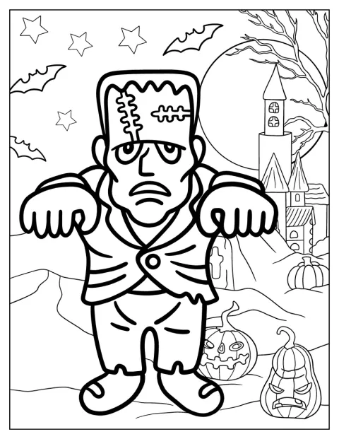 A chibi Frankenstein egy kastély mellett álldogál.