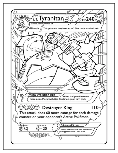 Mega Tyranitar vises på et Pokémon-kort med kortets ramme rundt.