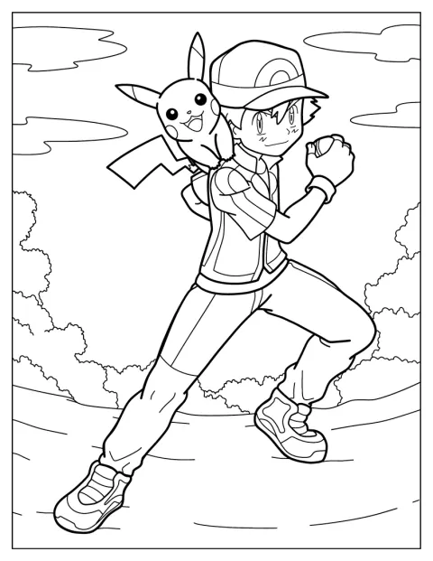 Ash steht neben Pikachu und blickt freundlich in die Ferne.