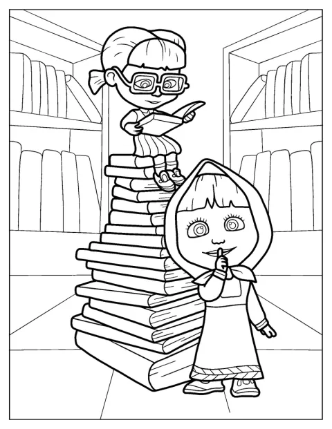 Terwijl Dasha een boek leest, houdt Masha een vinger voor haar lippen.