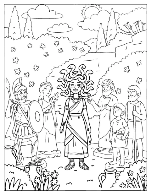 Medusa apresenta-se perante uma multidão num antigo jardim grego.