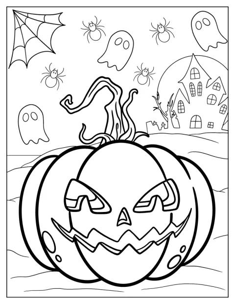 En halloweenpumpa syns tillsammans med ett slott, spindlar och spöken.