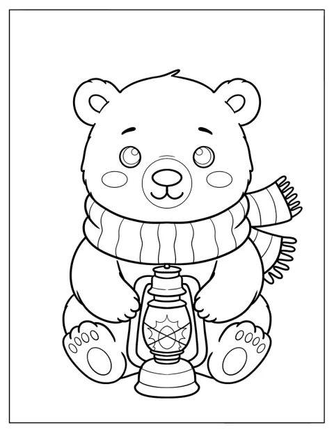 Un oso polar lleva bufanda y sostiene un farol.