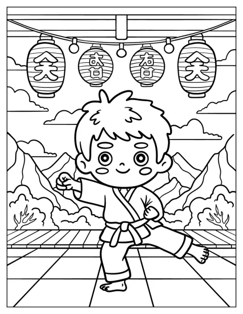 少年が山々に囲まれた静かな寺院で、空手の稽古をしています。