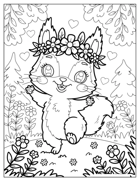 En ekorre med blomsterkrans dansar på en äng i skogen.