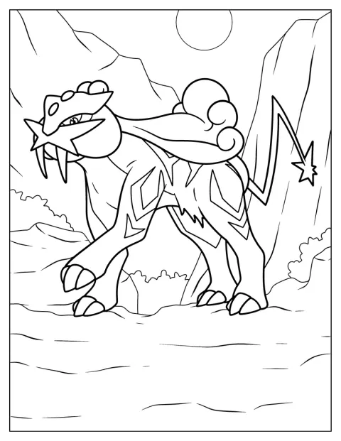 Raikou recorre un paisaje montañoso.