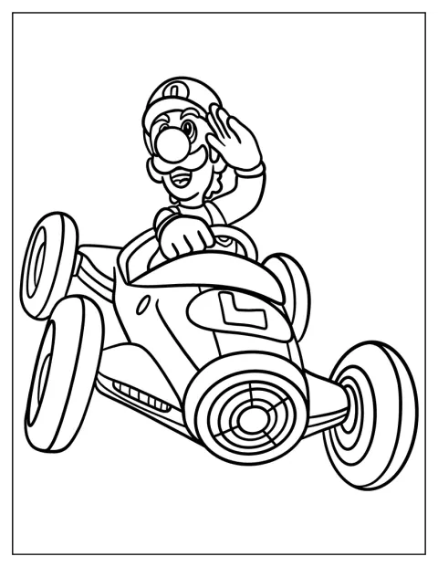 Luigi salutuje, zatímco sedí ve své motokáře.