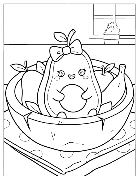 En gullig avokado ligger i en skål tillsammans med frukt.