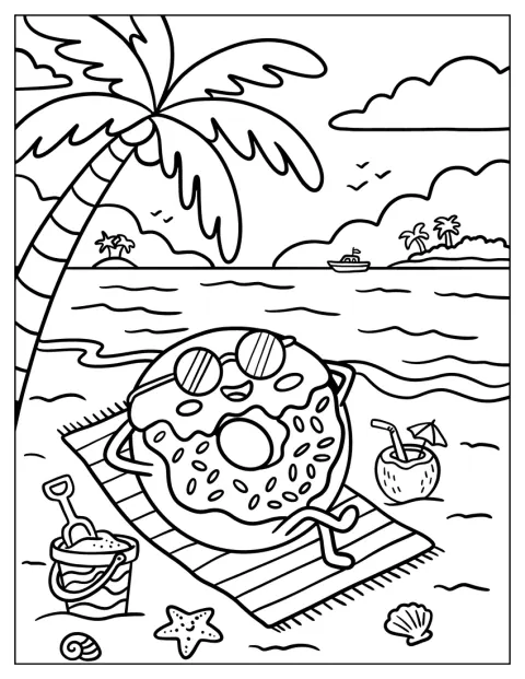 Wesoły donut wygrzewa się na plaży.
