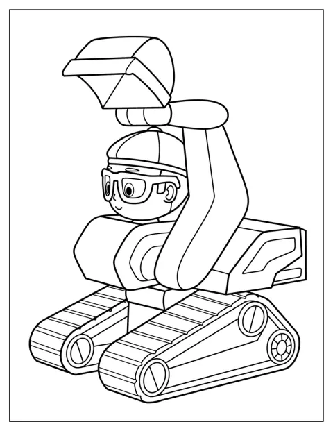 Blippi sitzt in einem Bagger und fährt los.