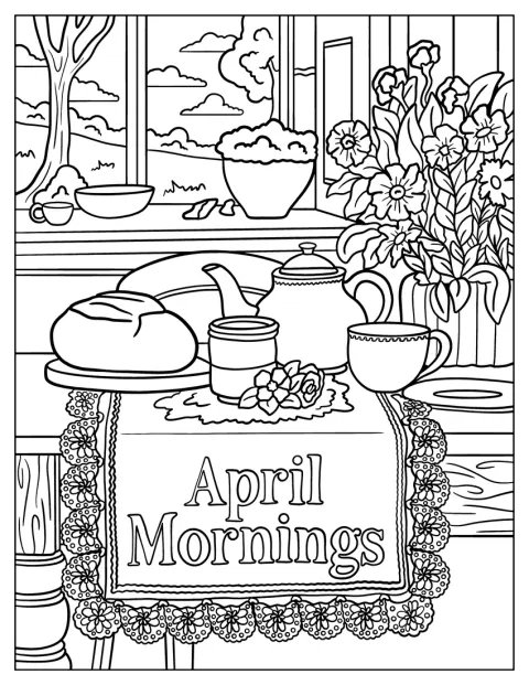 En kopp te, brød og blomster står klart på en rolig aprilmorgen.