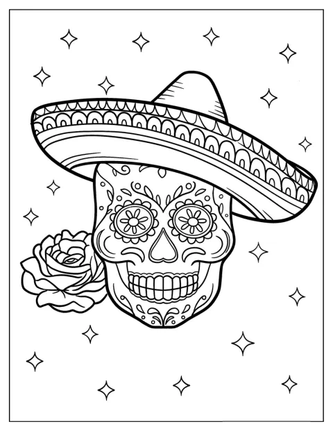 Ein grinsender mexikanischer Totenkopf trägt einen großen Sombrero.
