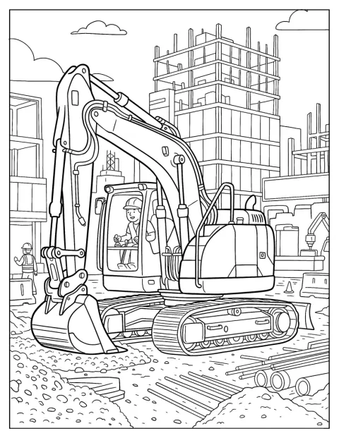 Auf einer Baustelle steht ein Kettenbagger mit hydraulischer Schaufel.