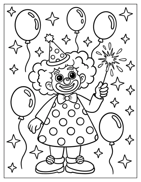 Circondato dai palloncini, un pagliaccio sorridente solleva una stellina scintillante.