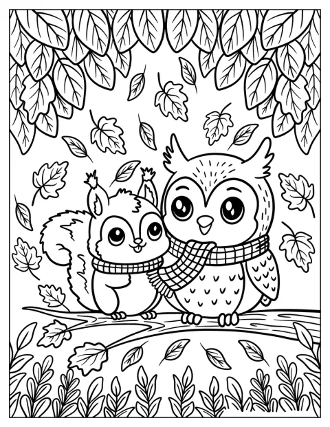Eine Eule und ein Eichhörnchen kuscheln sich im Herbst in einen Schal.