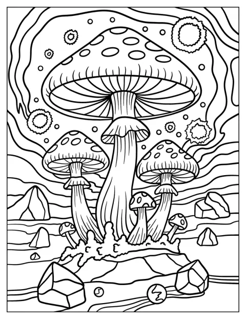 Reuzenpaddenstoelen en zwevende kosmische sporen vullen een buitenaards landschap.
