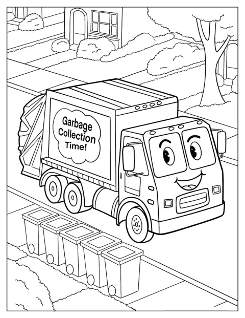 親しみやすい漫画風のゴミ収集車が、住宅街を走っています。