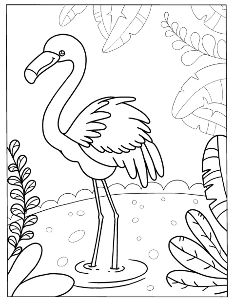 En sød tegnet flamingo står enkelt med sit lange næb og sine ben.