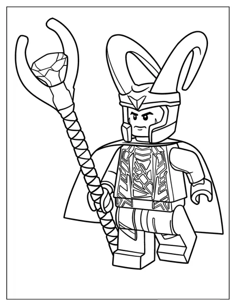 Loki, hecho de piezas de LEGO, sostiene su cetro.