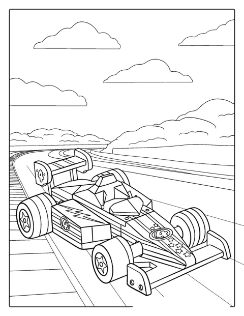 Formula 1 -kilpa-auto kiitää radalla pelkistetyin muodoin.
