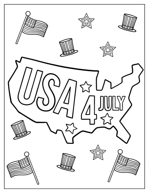 アメリカの地図と、独立記念日を祝うモチーフが描かれています。