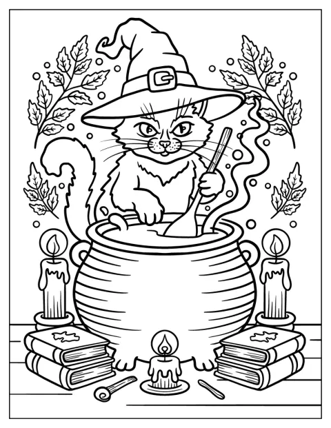 Un gato con sombrero de bruja remueve un caldero lleno de burbujas.