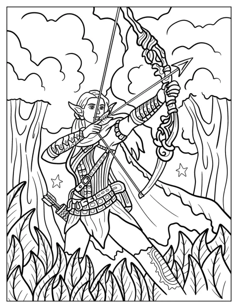 Un archer elfe se tient dans une forêt.