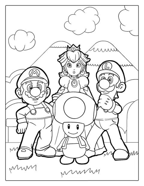 Toad se tient auprès de Peach, Mario et Luigi.