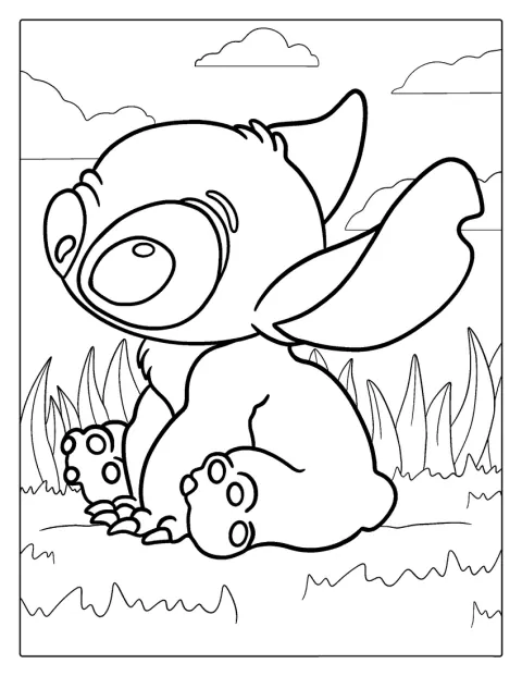 Stitch, representado como bebé, surge em contorno simples.