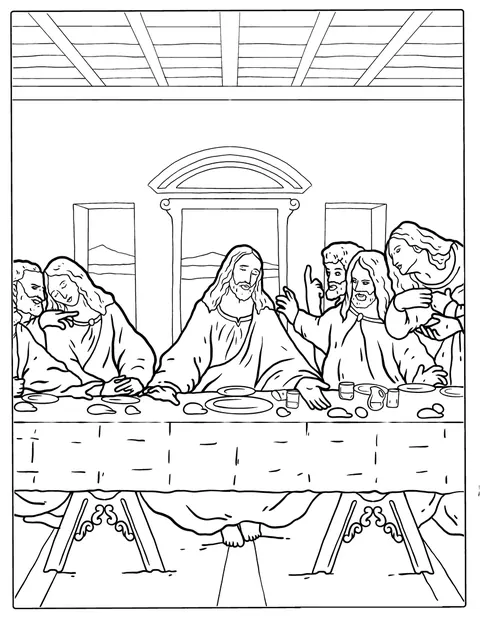 Jezus zit met zijn discipelen aan tafel tijdens het laatste avondmaal.