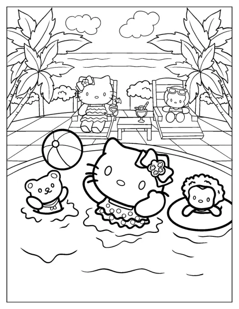 En la piscina, Hello Kitty juega y se divierte con sus amigos.