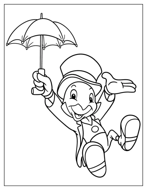 O Grilo Falante desce pelo ar, segurando um guarda-chuva.