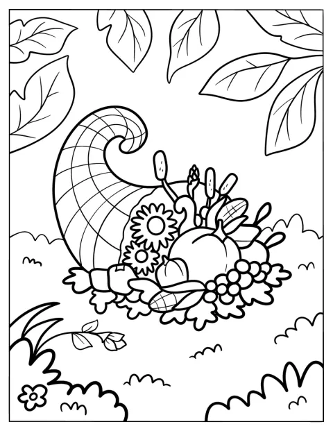 Ett överflödshorn är fyllt med pumpor, blommor och annan skörd.