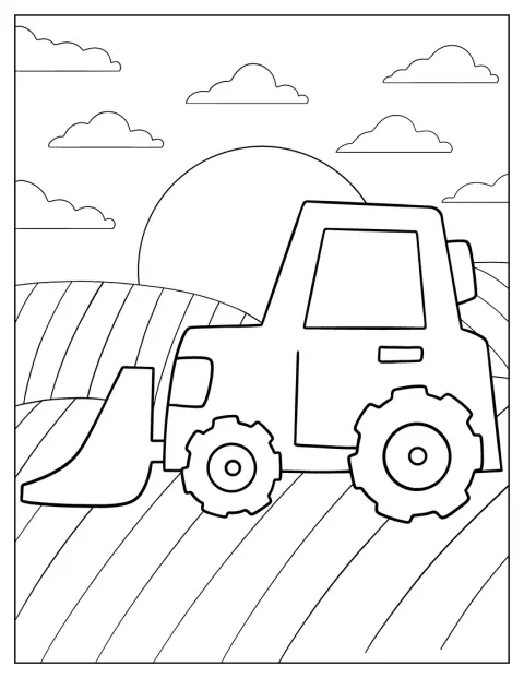 Sur des collines arrondies, un bulldozer avance tranquillement.