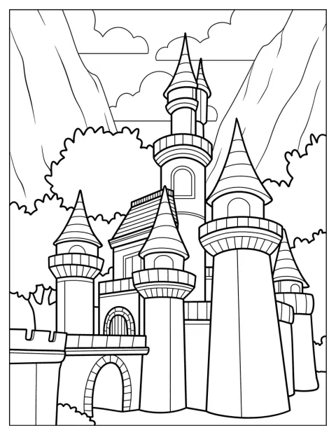 Castle Coloring Page With Moat In The Mountains