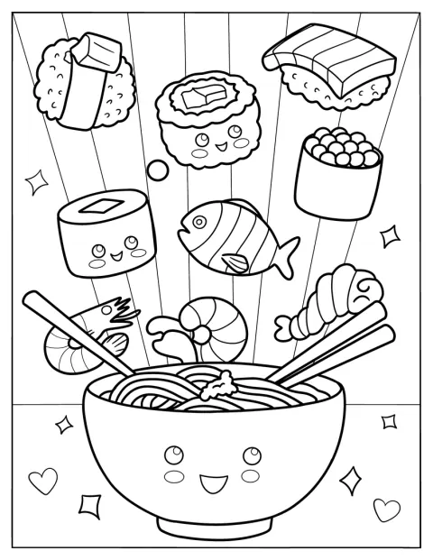 Nigiri, Maki, Uramaki, Inari und Temari-Sushi springen aus einer Ramen-Schüssel.