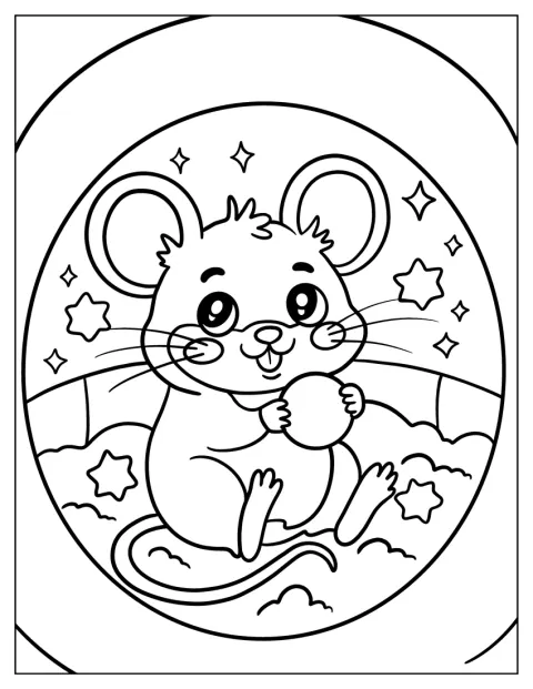 漫画風のネズミが、雲の広がる夜空で星形のボールを持っています。