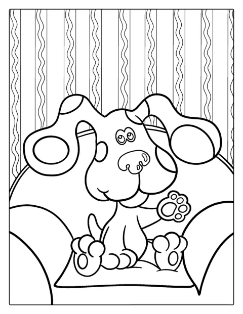 Blue, la perrita de dibujos, está sentada en la silla de pensar.