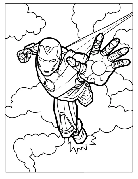 Iron Man svever gjennom luften med raketter fra støvlene.