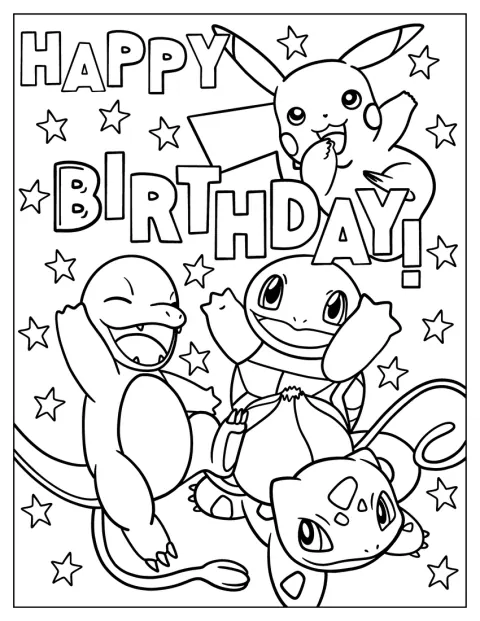 Pikachu, Squirtle, Charmander e Bulbasaur juntam-se para celebrar um aniversário.